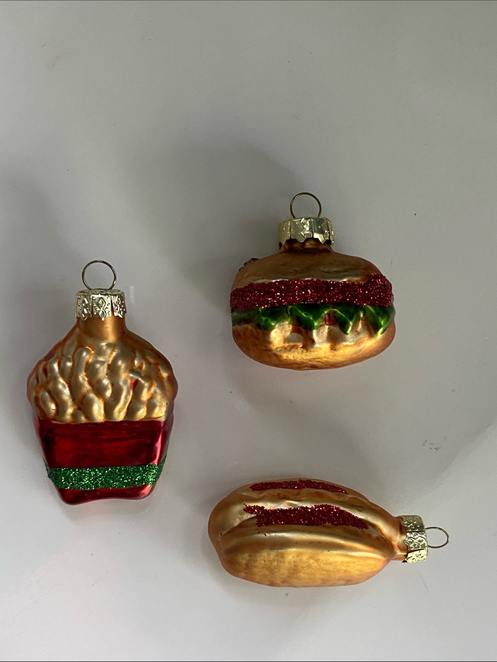 Fast Food Burger Hot Dog & French Fries small blown glass ornament set